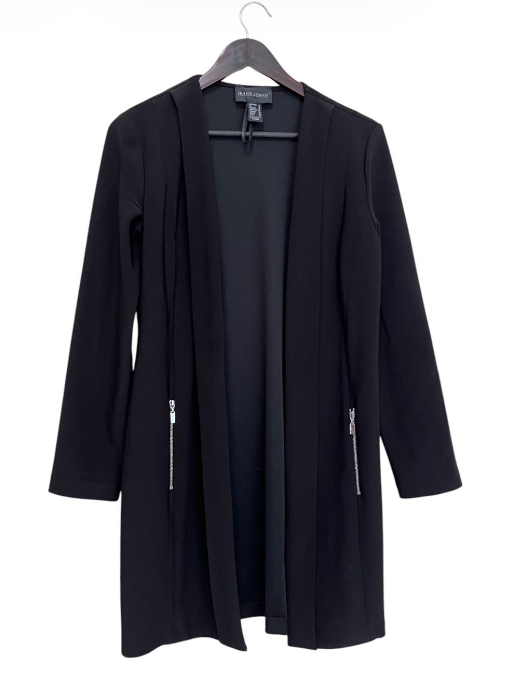 Frank Lyman Design Black Open-Front Long Jacket with Zip Pockets - Size 6